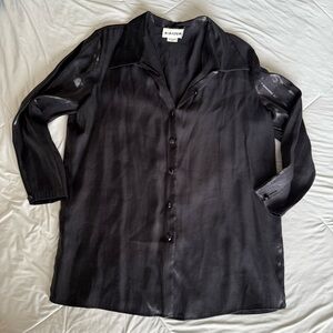 Joan Leslie Women's Black Satin Silky Button Down Shirt Gem Buttons